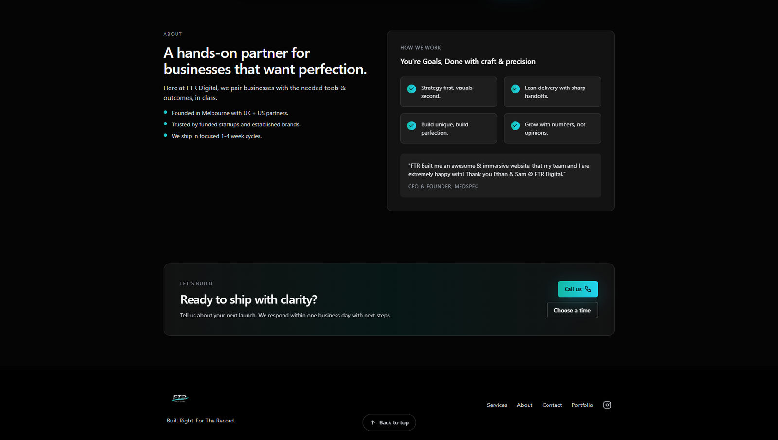 The FTR Digital about section beside a “How we work” panel, above a closing call to action.