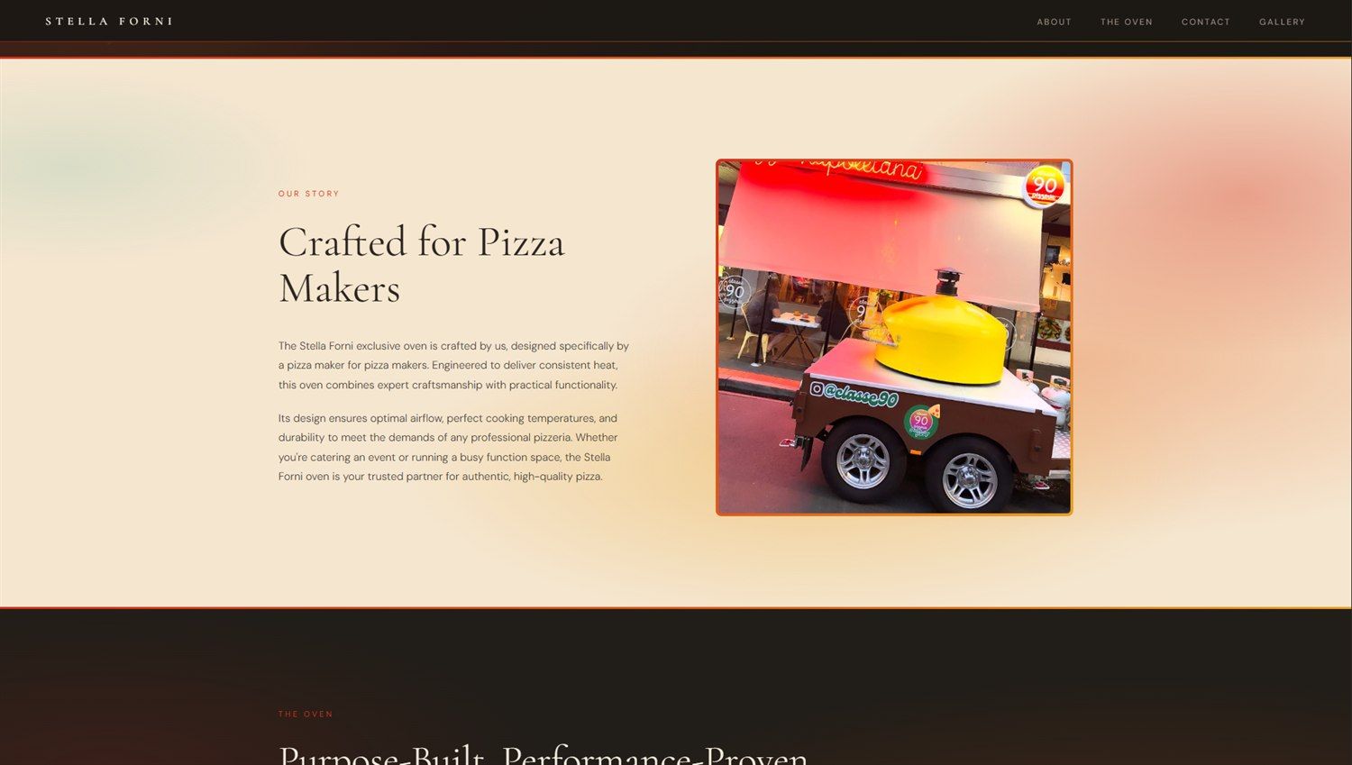 A cream “Crafted for Pizza Makers” section beside a photo of a yellow oven on a trailer.