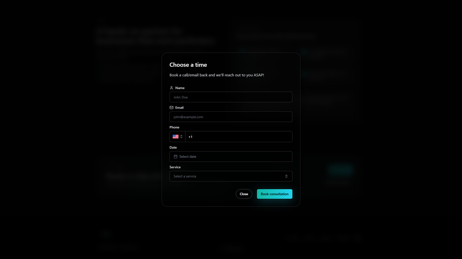 The “Choose a time” booking dialog with name, email, phone, date, and service fields.