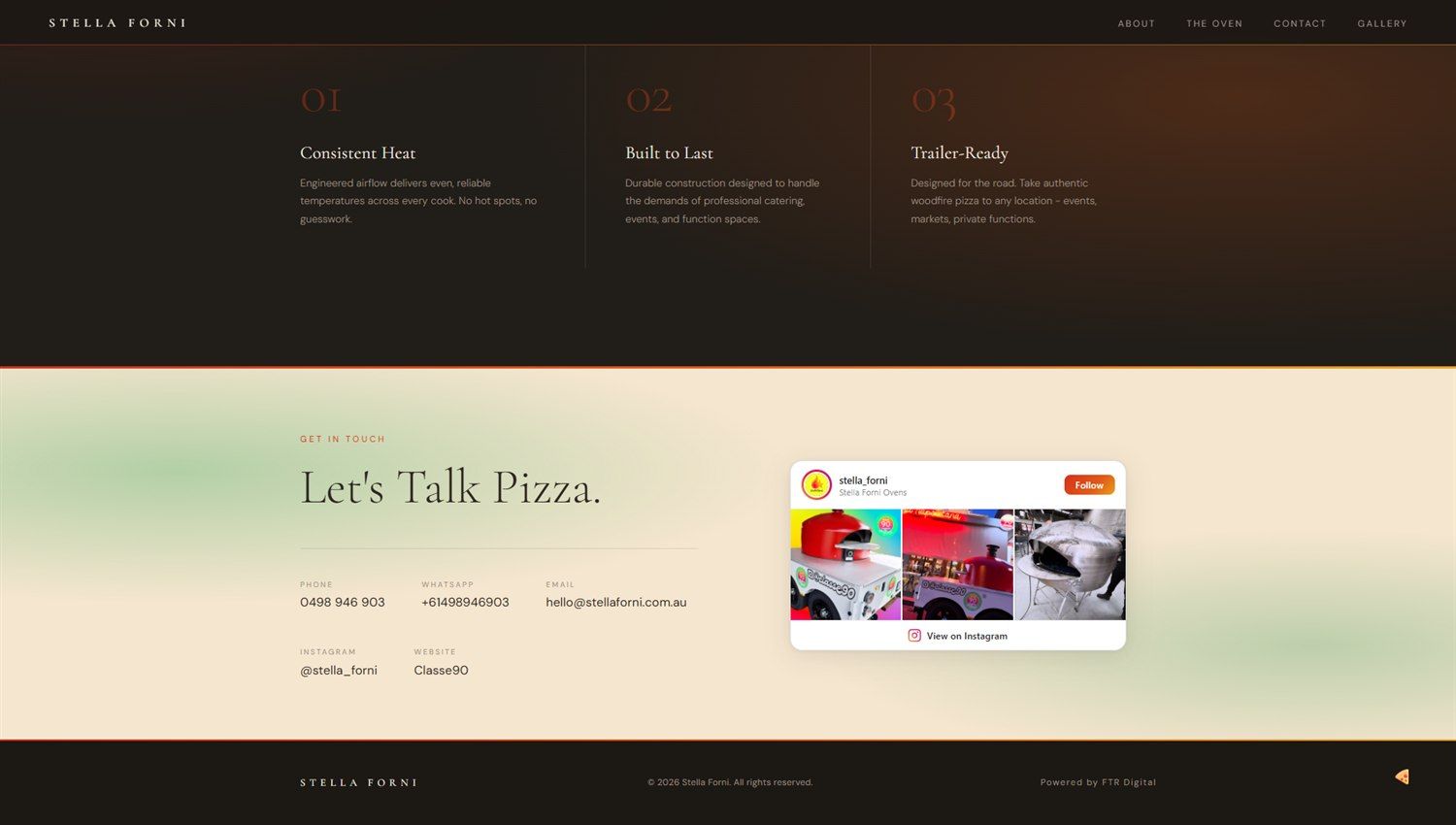 A cream contact section with phone, email, and a live Instagram feed card.