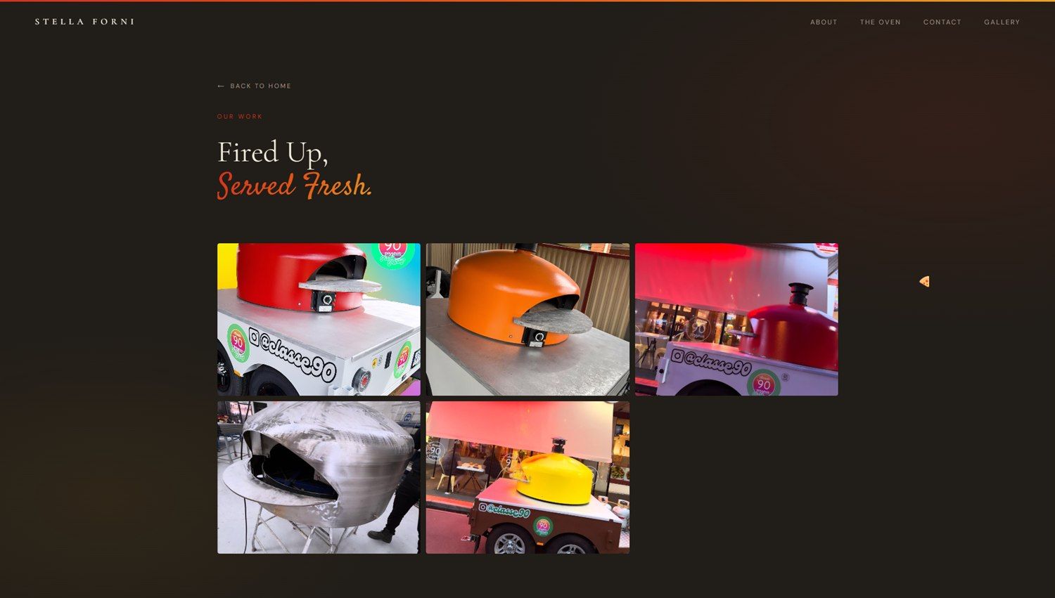 A separate gallery page headed “Fired Up, Served Fresh.” with a grid of oven photos.